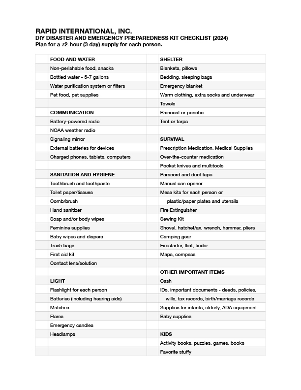 2024 Rapid International Emergency Preparedness Kit Checklist A checklist for a DIY natural disaster emergency kit