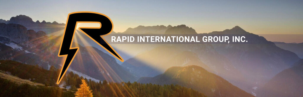 Rapid International Group logo over a sun rising over a mountain range.