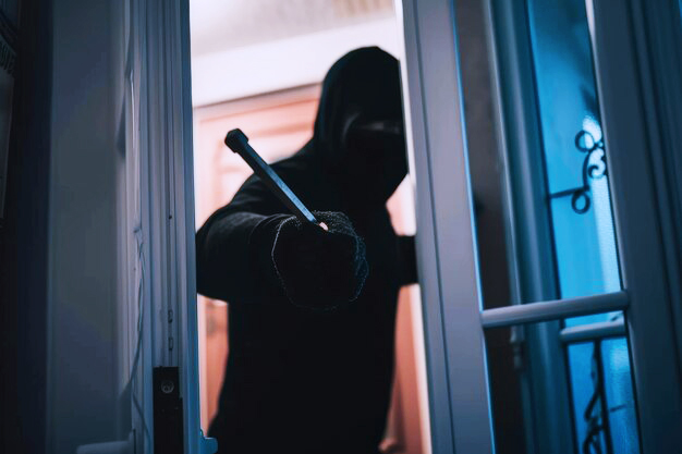 Home Invasion depicted by a dark figure of a burglar with a crow bar entering a home.